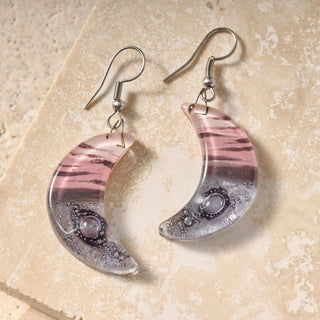 Marbled Moon Drop Earrings | Fused Glass and Steel