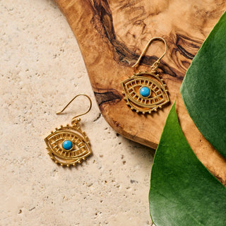 Firoza Evil Eye Dangle Earrings | Brass and Turquoise Glass