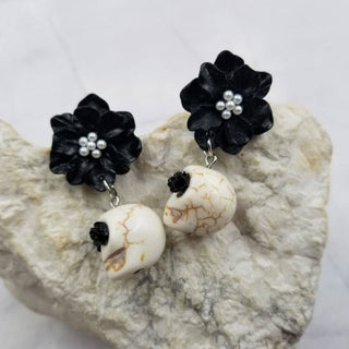 Gothic Black Flower Skull Earrings | Resin Floral Dangles
