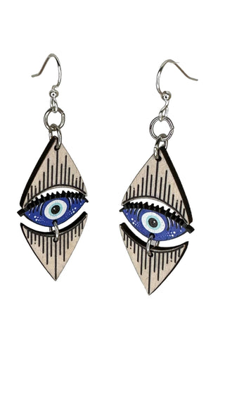 Evil Eye Earrings | Laser-Cut Wood & Stainless Steel