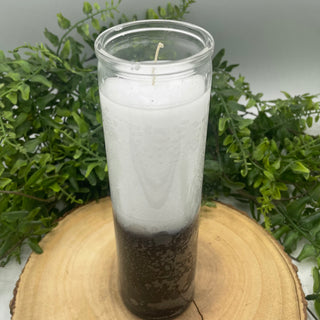  7 day tall jar candle with the top half white and bottom half black, Use as a Reversal candle for ritual, energy and spellwork. work.