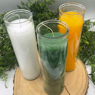Three 7 day jar candles shown in white, green and yellow, for ritual purposes and spellwork.