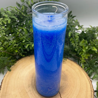 Blue 7 day tall jar candle for ritual and energy work.