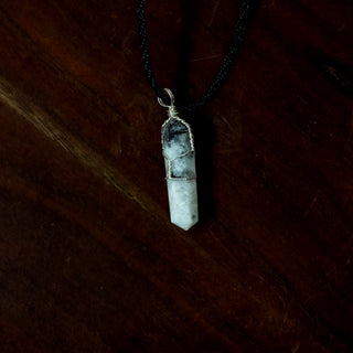 Wire Wrapped Rainbow Moonstone Point Pendant w. Black Cord