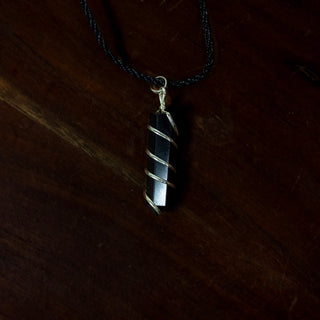 Coil Wrapped Black Obsidian Point Pendant w. Black Cord