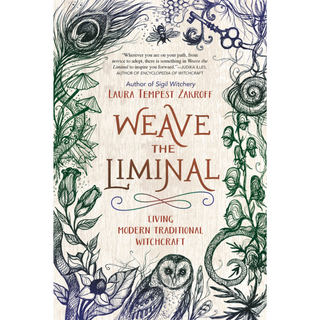 Cover of Weave the Liminal by Laura tempest Zakroff. Cover looks like light wood and there are sketches of natural items like feathers, bees, owls, flowers and seashells around the edges.