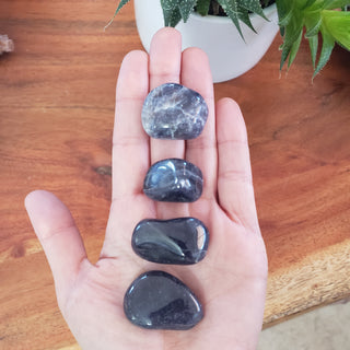 Four blue iolite tumbled pocket stones shown on a hand.