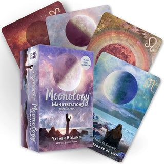 Deck box of Moonology Manifestation Oracle cards. Box shows a backlit woman standing near the sea with a large full moon above her in a purple and blue sky. Other cards from the deck surround the box. 