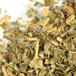 Dried chopped agrimony herbs with leaves and stems. 