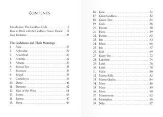 Table of Contents of the cards in the deck listing all of the 55 goddesses included.