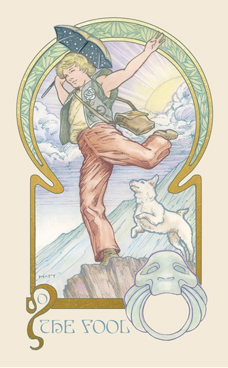 The Fool card from the Ethereal Visions tarot deck shows a young man with blonde hair perched on the edge of a cliff. He holds an umbrella and has a knapsack. A small white dog is at his heels.