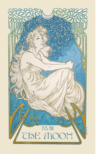 The Moon card from the Ethereal Visions deck shows a woman all in white with a starry night behind her.