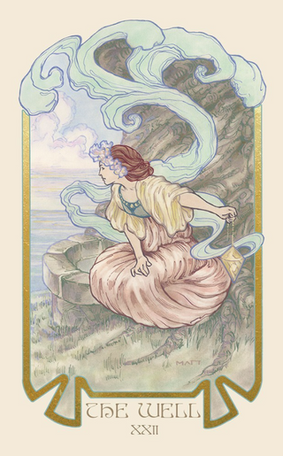 The Well card from the Ethereal Visions tarot deck shows a woman looking out over water. She is holding an incense burner and smoke swirls around and above her.