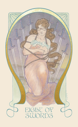 The Eight of Swords card from the Ethereal Visions Tarot Deck shows a woman with long flowing brown hair, she is tied with rope. Eight swords are in the background behind her. 