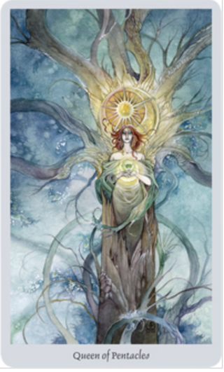 The Queen of Pentacles card from the Shadowscape tarot shows a woman with red hair and a glowing green orb in her heart. She stands in front of a tree with a sun and crescent moon behind her.