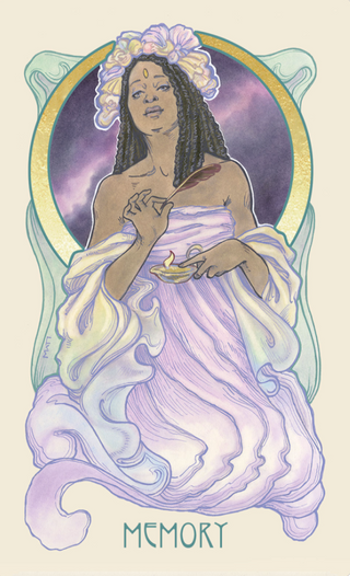 The Memory Card of the Dreamscape Oracle Deck shows a Black woman in a purple dress holding a flame. There is a feather in her other hand. She has a crown of purple flowers.