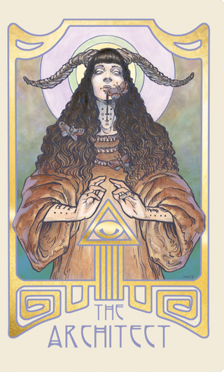 The Architect Card of the Dreamscape Oracle Deck shows a woman with curly brown hair and horns. There are moths around her. Her hands are open around a triangle symbol.