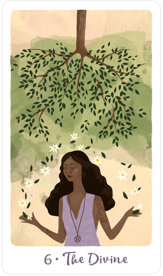 The Divine Card from the Harmony Tarot shows a woman with an upside down tree above her