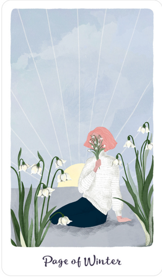The Page of Winter card from the Harmony Tarot sows a person sitting on the ground in a grey background with flowers covering her face