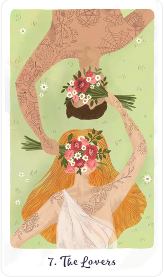 The Lovers card from the Harmony Tarot deck shows two people laying head to head with flowers in front of their faces