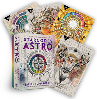 Starcodes Astro Oracle deck box. Has a compass in the center with rainbow band around it and other sacred geometry. Other cards from the deck surround the box