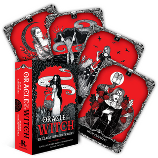 The Oracle of the Witch deck box is shown with several cards surrounding it. The box and background of cards is red, with black and white drawings.