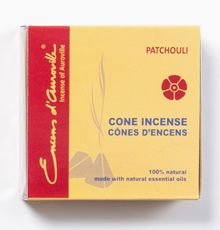 Box of Patchouli Maroma Cone Incense. Box is yellow  with drawing of lit cone incense.