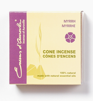 Box of Myrrh Maroma Cone Incense. Box is Square and light yellow with drawing of lit cone incense.
