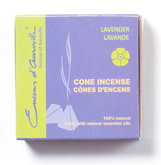 Box of Lavender Maroma Cone Incense. Box is square and lavender colored with drawing of lit cone incense.