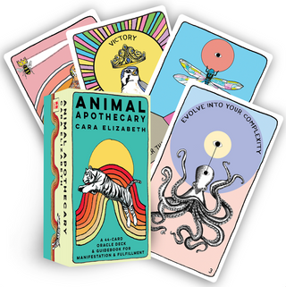 Animal Apothecary Oracle deck box with four cards behind it. Box is turquoise with the drawing of a white tiger in front of a red and orange rainbow. Other cards show an octopus, dragon fly and falcon in pastel colors.