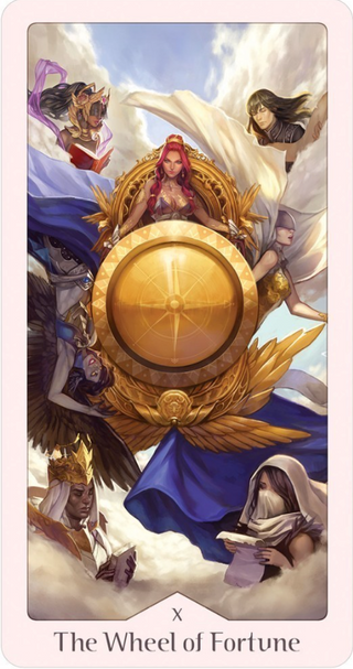 The Wheel of Fortune Card from the Heavenly Bloom Tarot Deck features a woman sitting at a golden throne. There are four other people in each corner, holding scrolls and books. They are in the clouds.