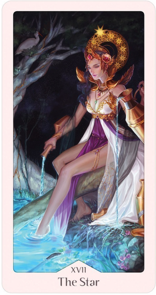 The Star card of the Heavenly Bloom tarot deck shows a woman with a golden crown and armor. She is wearing a purple and white elaborate gown, one foot is in glowing blue water. A vase pours water into the lake beside her.