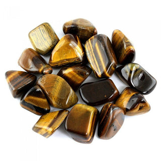 Several tumbled tigers eye pocket stones in natural striping of golden and brown hues.