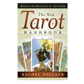 Cover of the New Tarot Handbook by Rachel Pollack. Cover shows several full color tarot cards with the Fool card in the center.