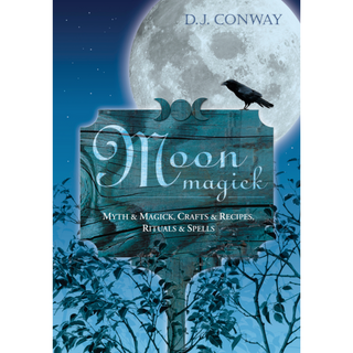 Cover of Moon Magick by D.J. Conway. Cover is the blue of a twilight sky with a large full moon in the background and trees in the foreground. 
