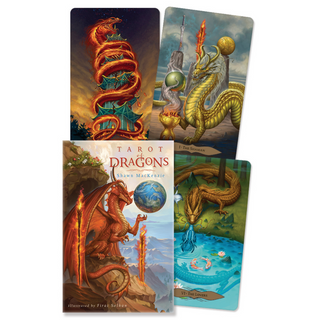 Tarot of Dragons guidebook shows a red dragon with wands of fire beside it, there is a planet levitating in front of it. Three other cards from the Tarot of Dragons are shown.