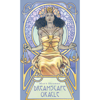 The Dreamscape Oracle deck box is in the center. It shows a Black woman in a thrne, wearing a golden dress and holding the scales of justice. She wears a flower crone. 