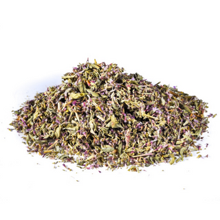 Dried and cut hyssop herb with small purple flowers. 