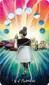 The Eight of Pentacles deck from the Light Seer's Tarot shows a person from the back sitting at a table, the background is rainbow colored with phases of the moon,