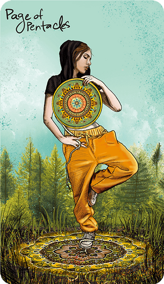 The Page of Pentacles card from the Light Seer's Tarot shows a person standing in tree post holding a mandala pentacle in a forest.