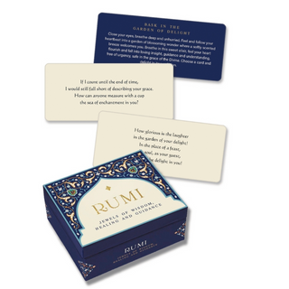 Rumi Oracle Deck box is small and rectangular, in an untraditional oracle card shape. Three cards are shown behind it, each with a Rumi quote on it 