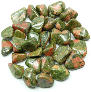 Unakite tumbled pocket stone for emotional healing in natural variation of shapes and colors, greens and pinks.